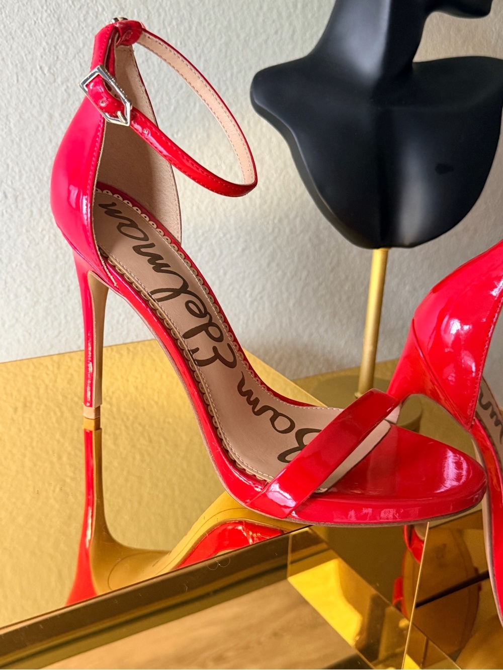 Sam Edelman Red Patent Ankle-Strap Heels with Gold Accents - Picture 6 of 13